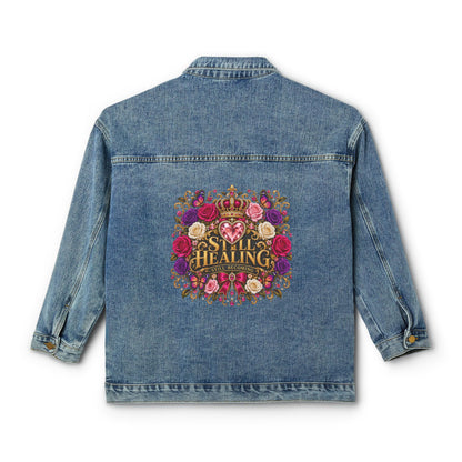 Women's Denim Jacket — 'Still Healing' Floral Crown Back Patch