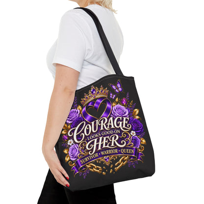 Courage Looks Good on Her Tote Bag — Purple Survivor Warrior Queen Tote