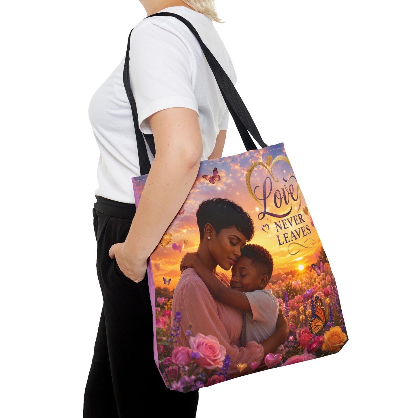 Love Never Leaves Tote Bag — Mother & Child Floral Sunset AOP Tote