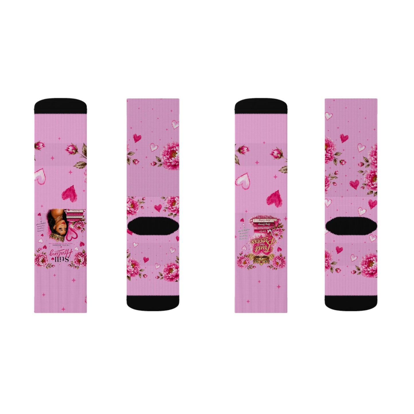 Pink Floral Heart Sublimation Socks — Romantic Valentine's Day Crew Socks