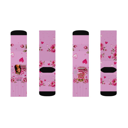 Pink Floral Heart Sublimation Socks — Romantic Valentine's Day Crew Socks