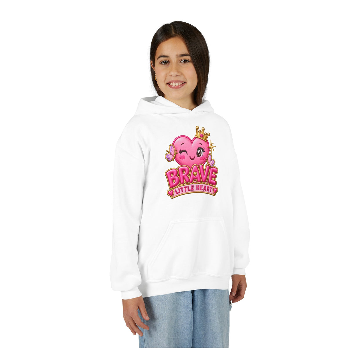 Youth Hoodie — "Brave Little Heart" Pink Heart Crown Kids Pullover