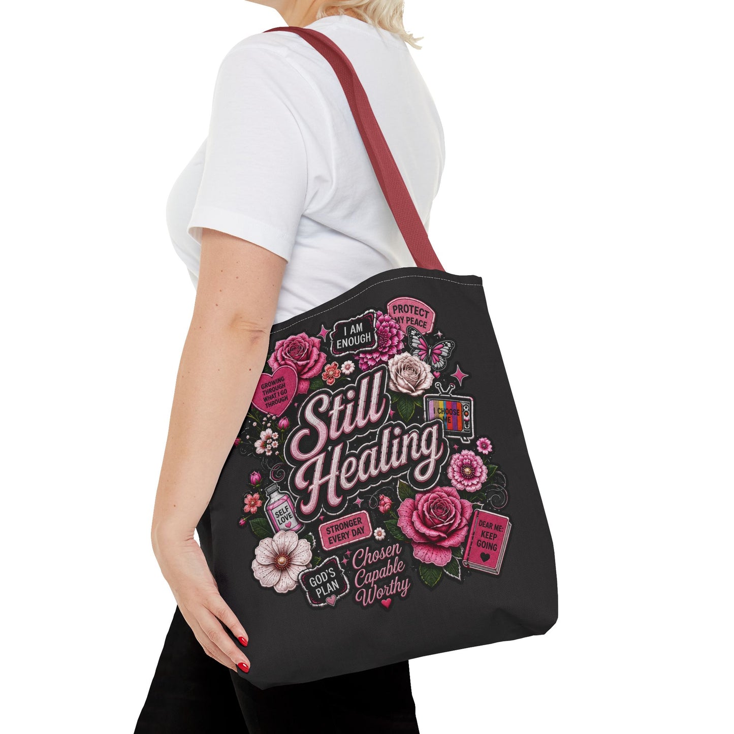 Still Healing Floral Tote Bag — Inspirational Recovery Messenger Tote