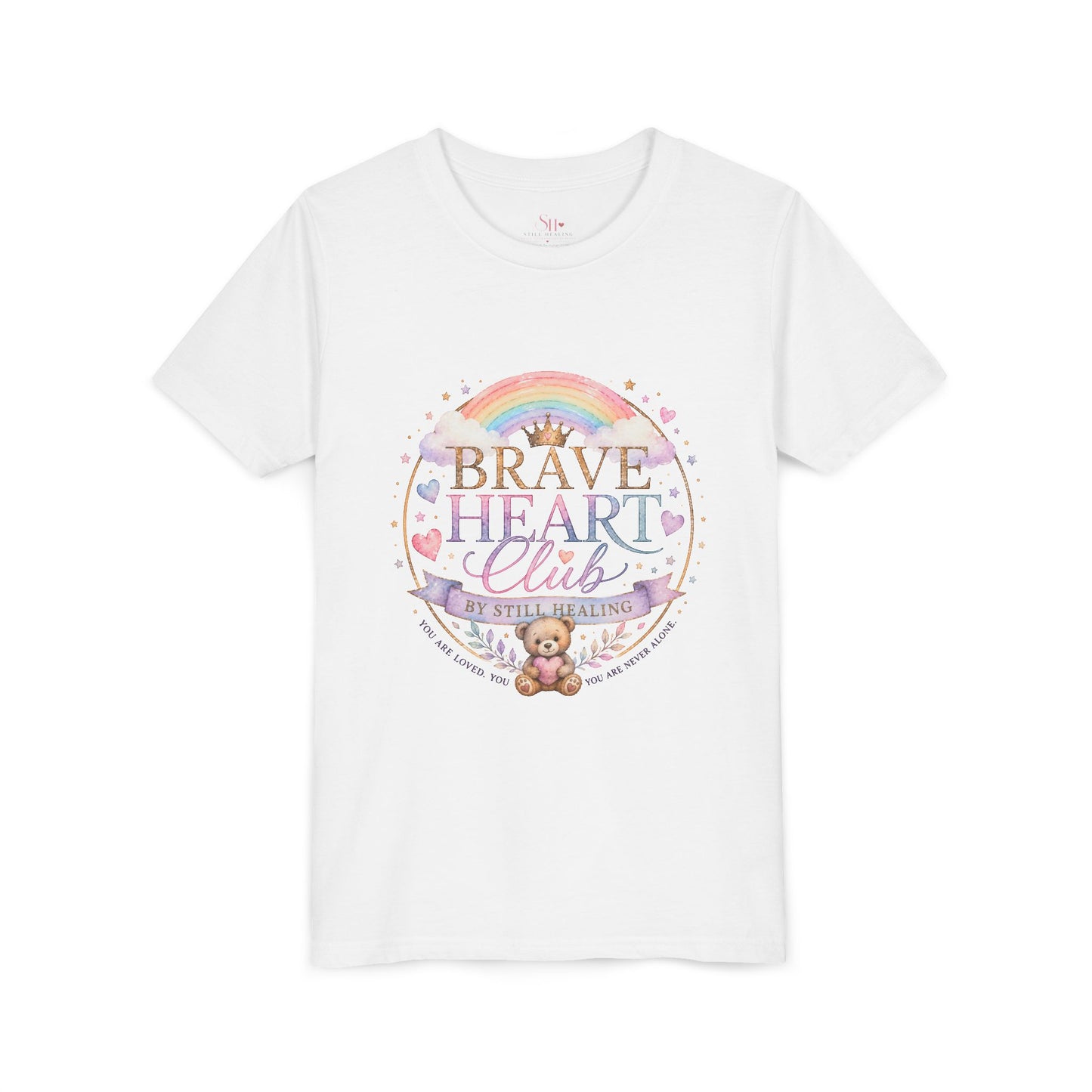 Brave Heart Club Youth Tee — Pastel Rainbow & Teddy Kids Shirt (“Brave Heart Club” Design)
