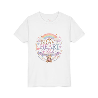 Brave Heart Club Youth Tee — Pastel Rainbow & Teddy Kids Shirt (“Brave Heart Club” Design)