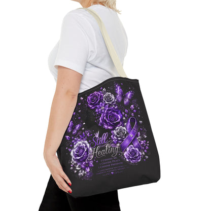 Purple Ribbon 'Still Healing' Floral Tote Bag