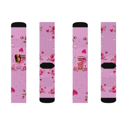 Pink Floral Heart Sublimation Socks — Romantic Valentine's Day Crew Socks