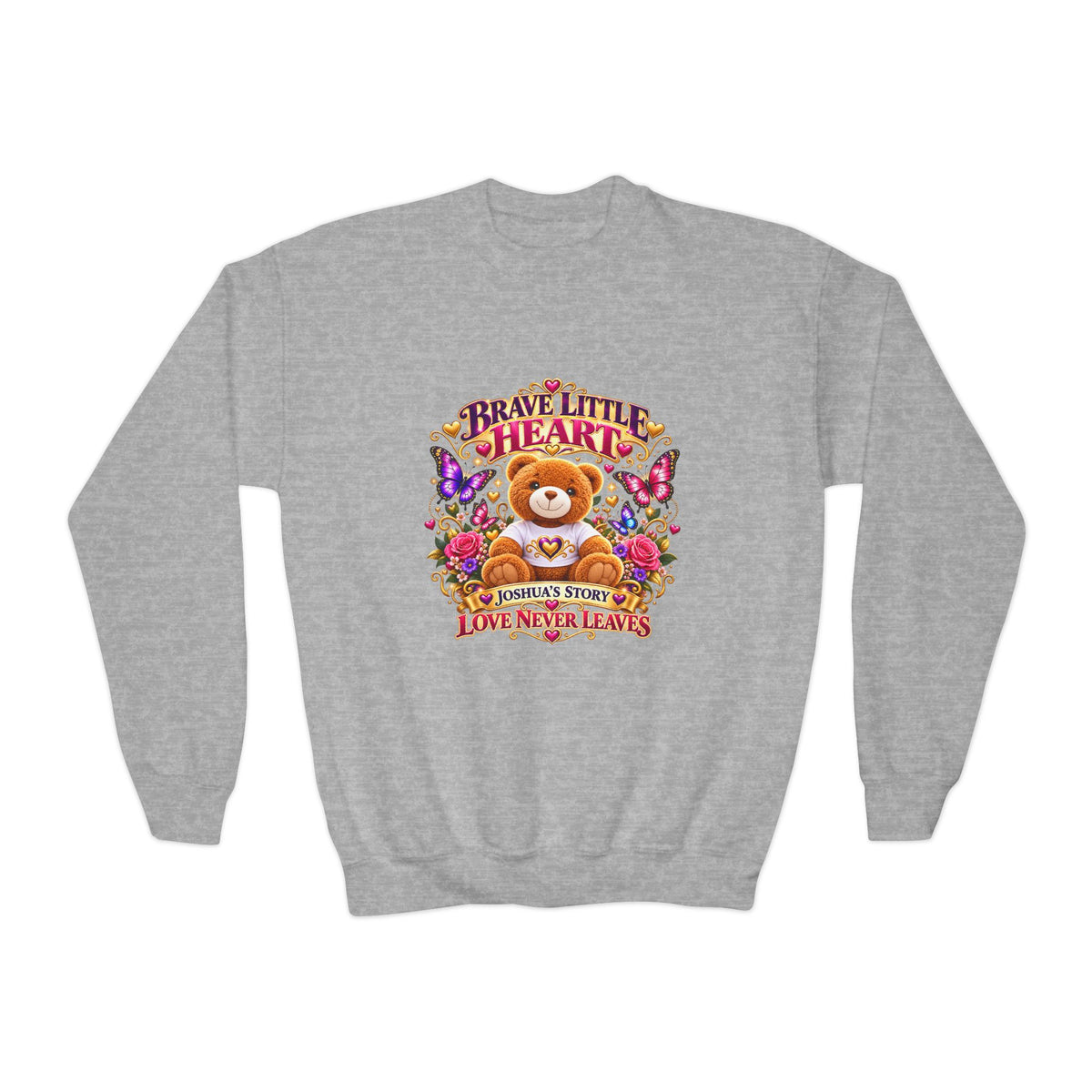 Brave Little Heart Youth Crewneck Sweatshirt — Cute Teddy Bear Floral Kids Pullover