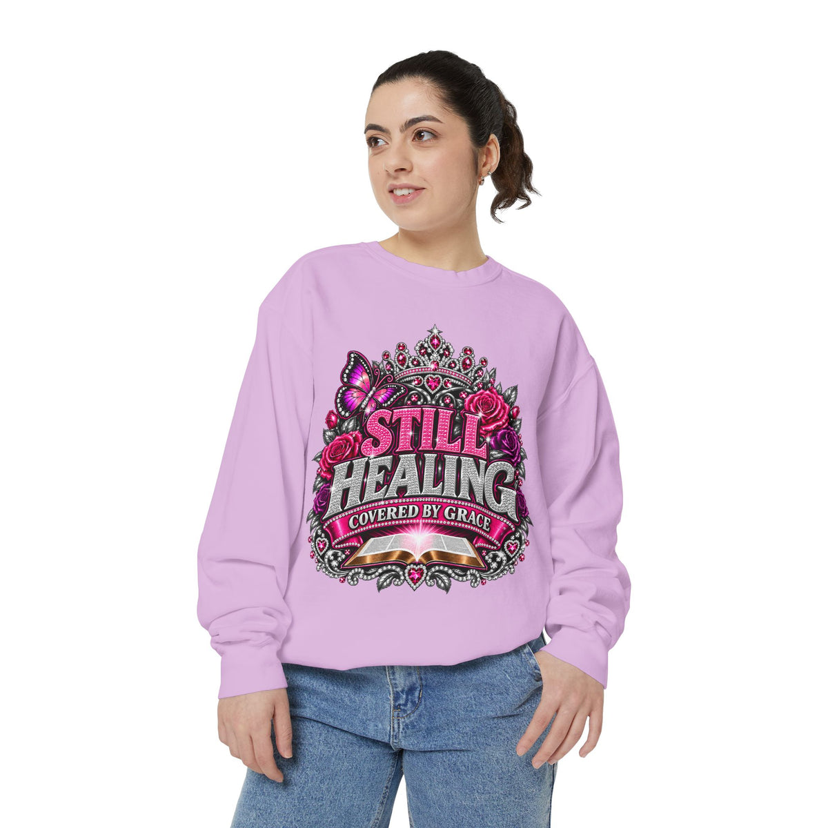 Still Healing Sweatshirt — 'Covered by Grace' Sparkle Graphic Crewneck