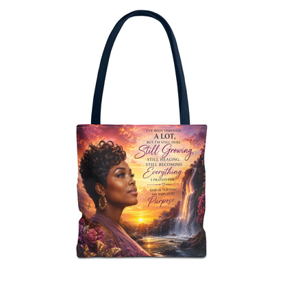 Inspirational 'Still Growing' Tote Bag — Empowering Women's Portrait Beach Sunset Design