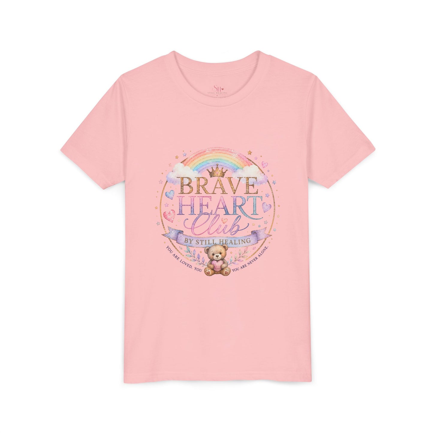 Brave Heart Club Youth Tee — Pastel Rainbow & Teddy Kids Shirt (“Brave Heart Club” Design)