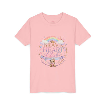 Brave Heart Club Youth Tee — Pastel Rainbow & Teddy Kids Shirt (“Brave Heart Club” Design)