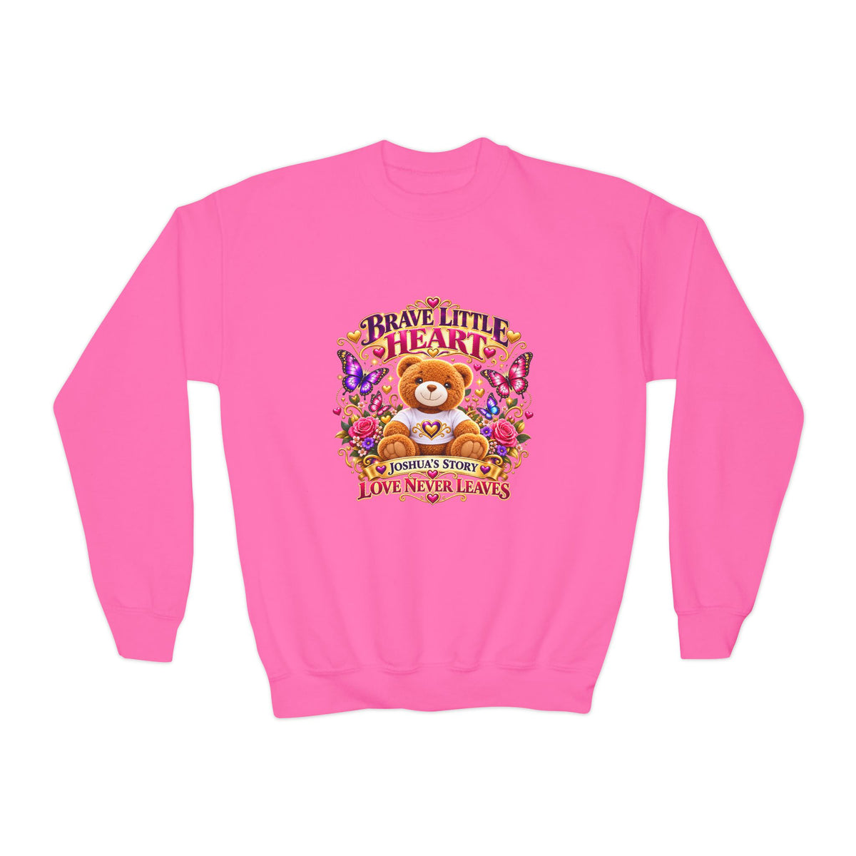 Brave Little Heart Youth Crewneck Sweatshirt — Cute Teddy Bear Floral Kids Pullover