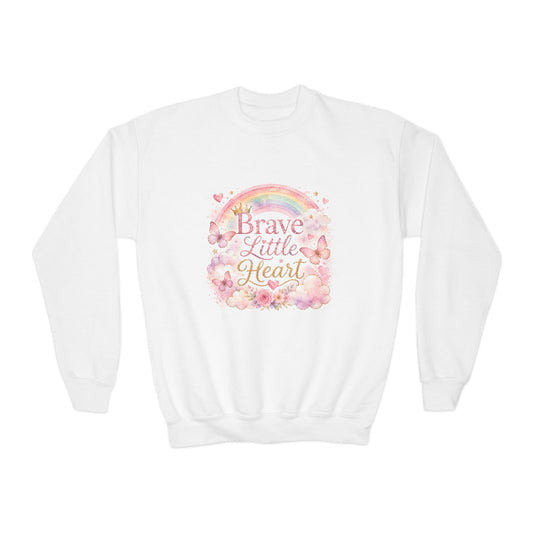Youth Sweatshirt – "Brave Little Heart" Rainbow Floral Crewneck