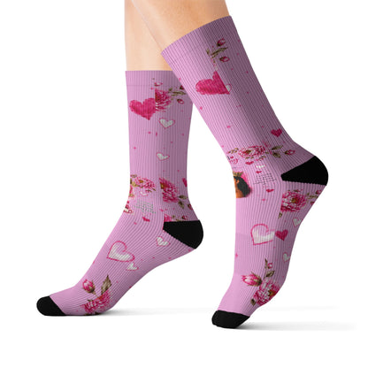 Pink Floral Heart Sublimation Socks — Romantic Valentine's Day Crew Socks