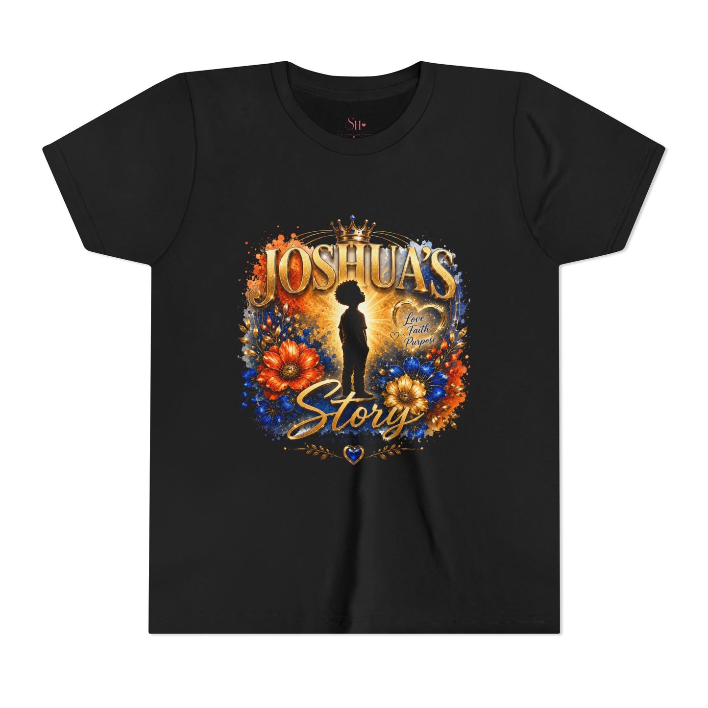 Joshua's Story Youth Tee — Inspirational Crowned Silhouette Floral Shirt