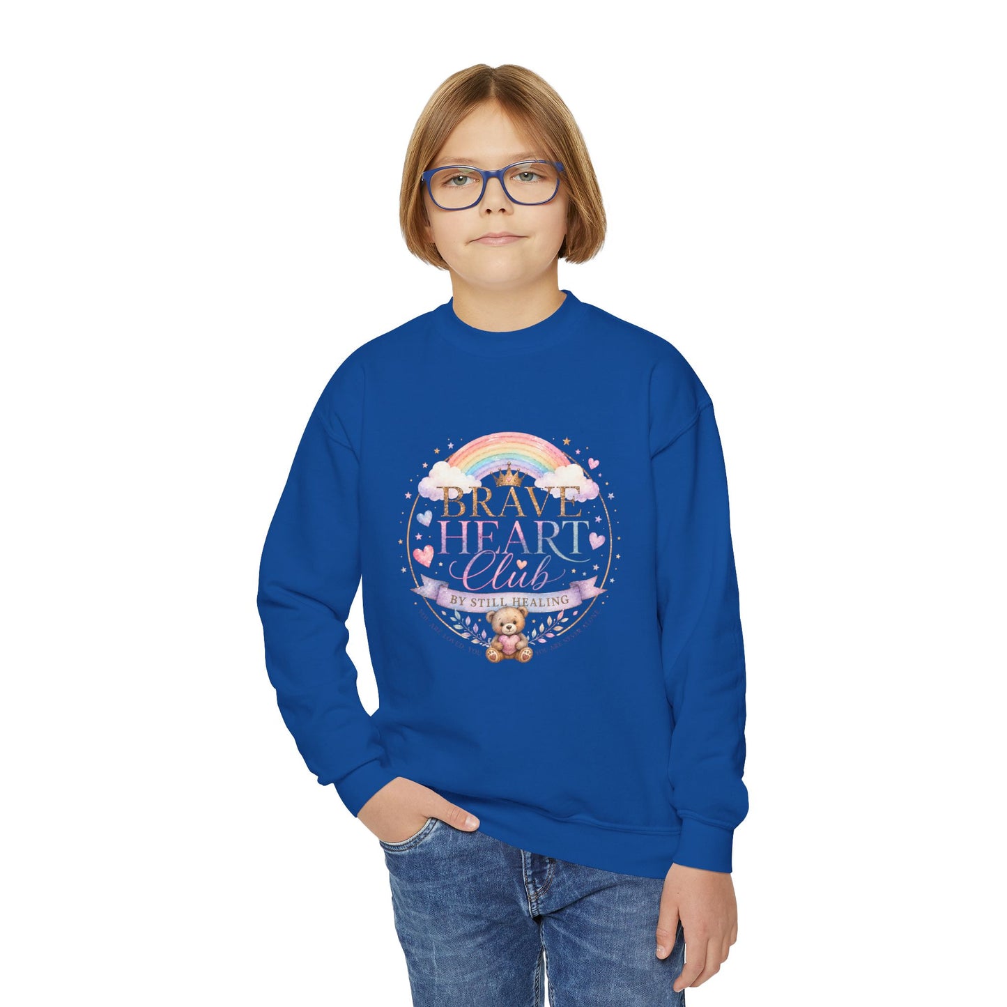 Brave Heart Club Youth Crewneck Sweatshirt — Rainbow Teddy Cancer Awareness