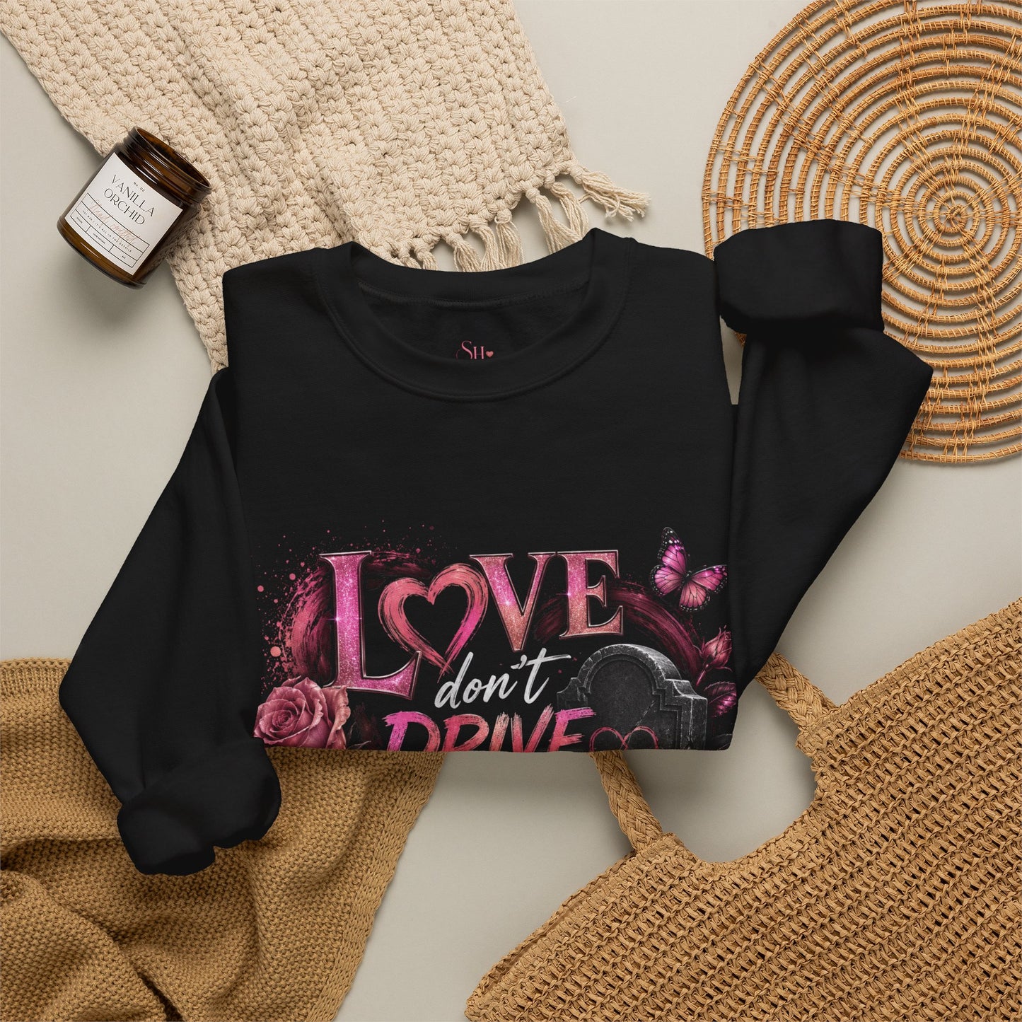 Crewneck Sweatshirt — "Love Don't Drive You Into a Grave" Pink Roses Breast Cancer Awareness