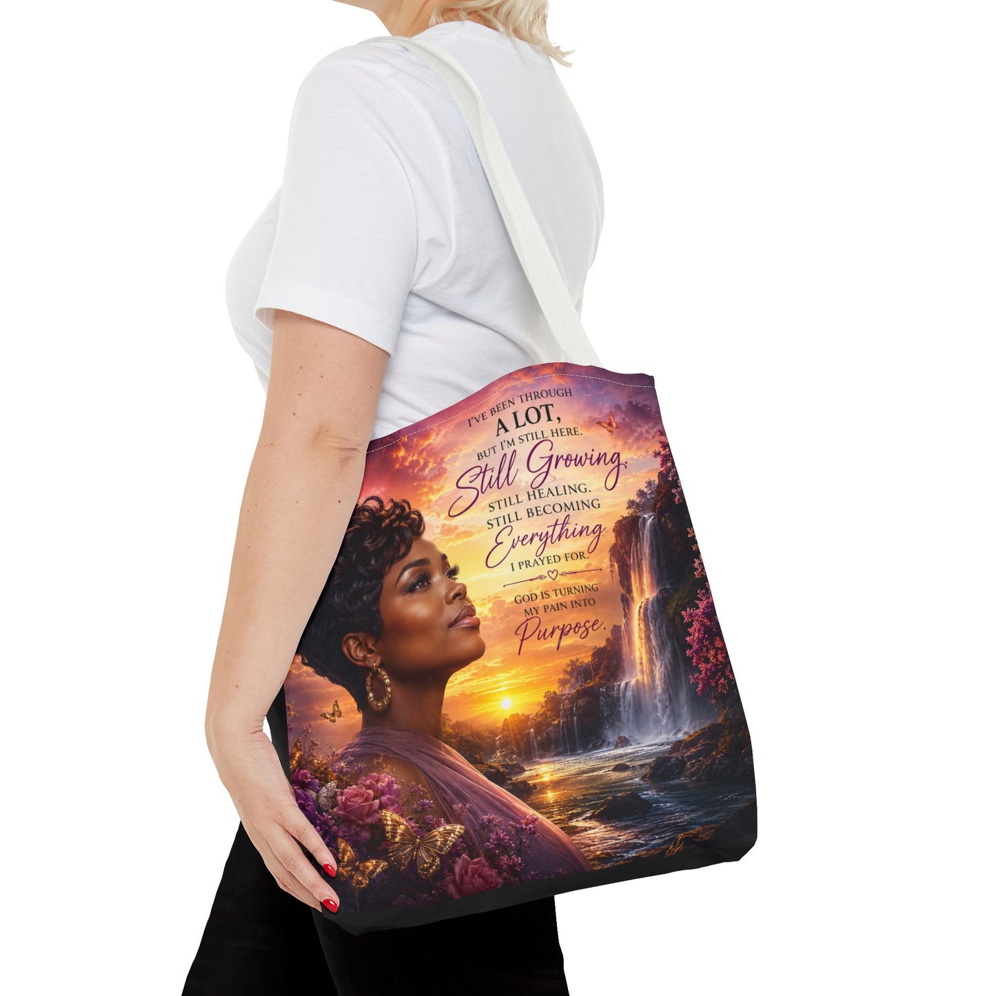 Inspirational 'Still Growing' Tote Bag — Empowering Women's Portrait Beach Sunset Design