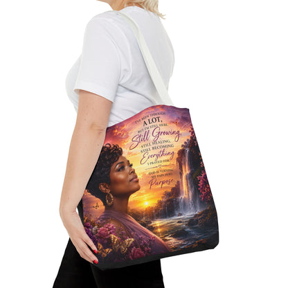 Inspirational 'Still Growing' Tote Bag — Empowering Women's Portrait Beach Sunset Design