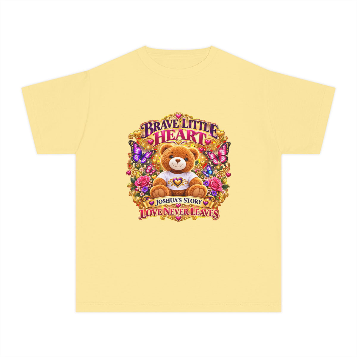 Youth Tee — "Brave Little Heart" Teddy Bear Floral Comfort Shirt