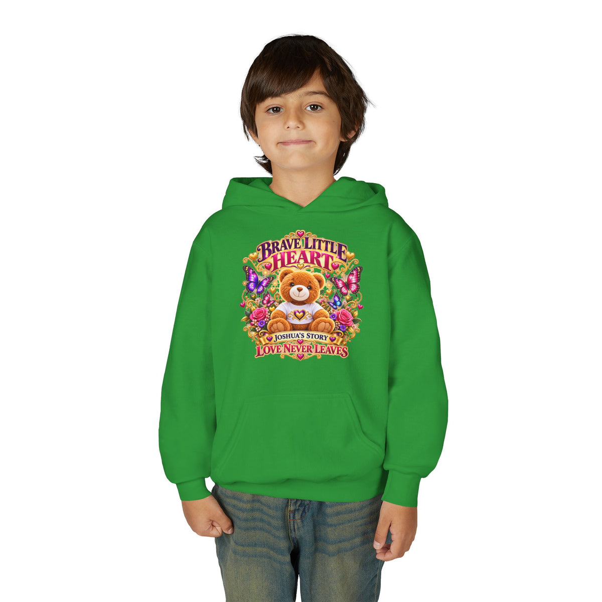 Brave Little Heart Youth Hoodie – Personalized Teddy Bear 'Love Never Leaves' Kids Sweatshirt