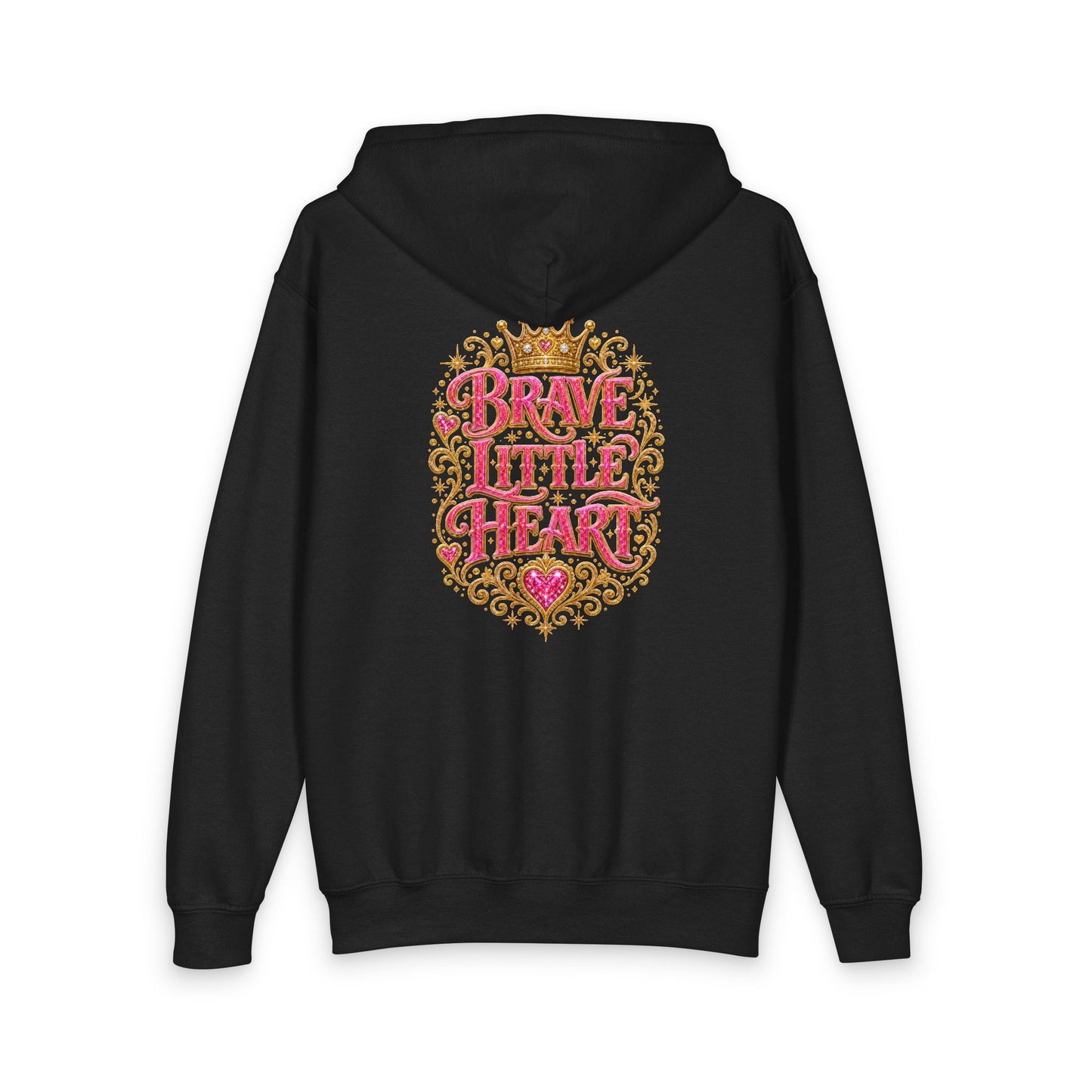 Youth Zipped Hoodie — "Brave Little Heart" Gold & Pink Crest