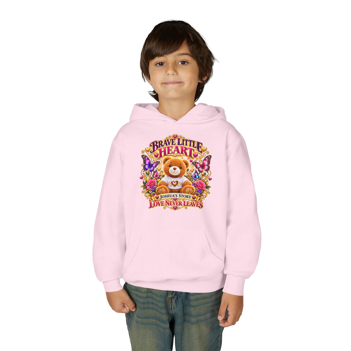 Brave Little Heart Youth Hoodie – Personalized Teddy Bear 'Love Never Leaves' Kids Sweatshirt