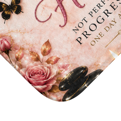 Still Healing Bath Mat – Inspirational Pink Floral Bathroom Rug ("Not Perfect, But Progressing")