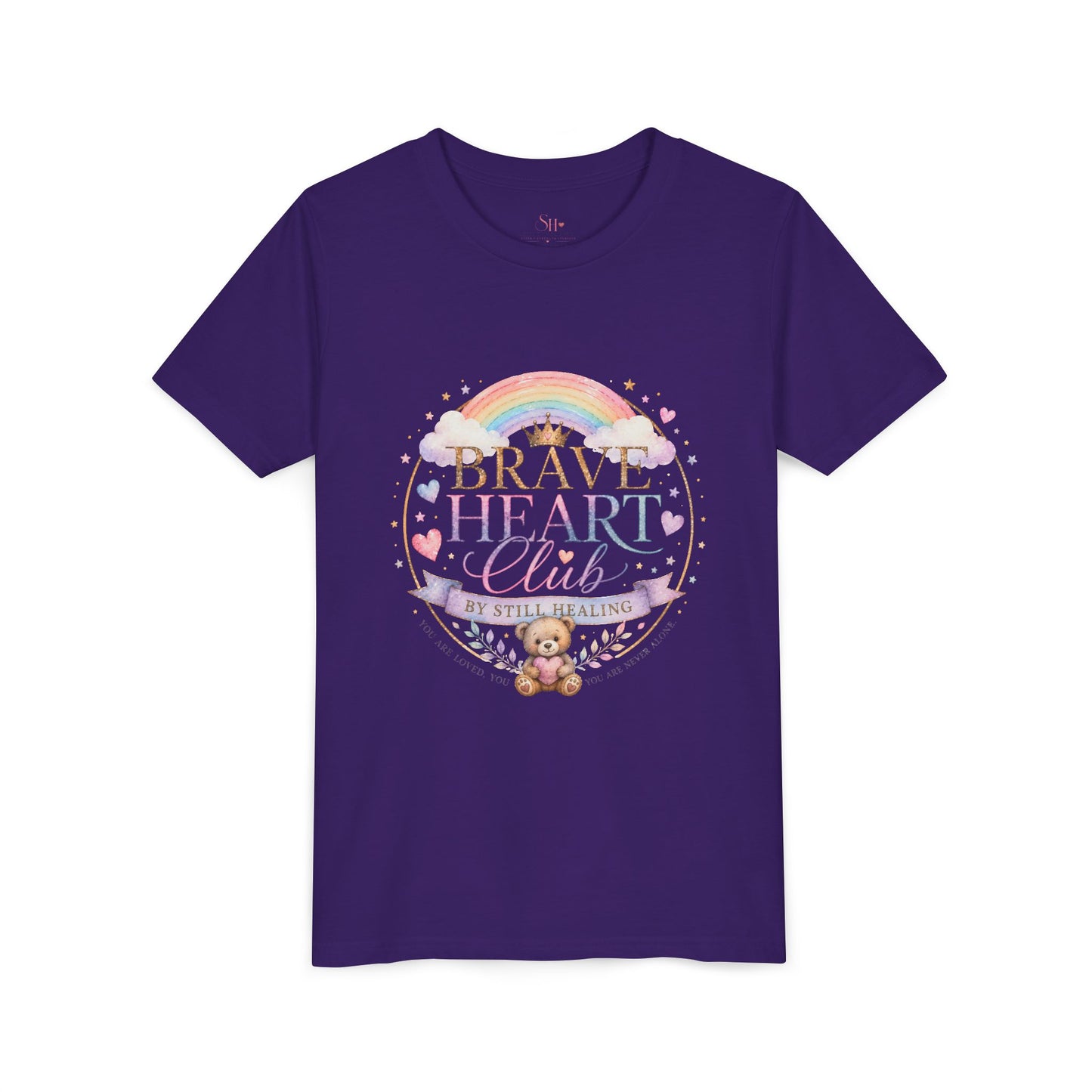 Brave Heart Club Youth Tee — Pastel Rainbow & Teddy Kids Shirt (“Brave Heart Club” Design)