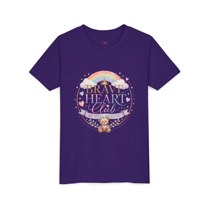 Brave Heart Club Youth Tee — Pastel Rainbow & Teddy Kids Shirt (“Brave Heart Club” Design)
