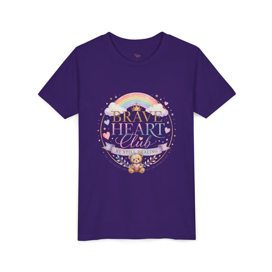 Brave Heart Club Youth Tee — Pastel Rainbow & Teddy Kids Shirt (“Brave Heart Club” Design)