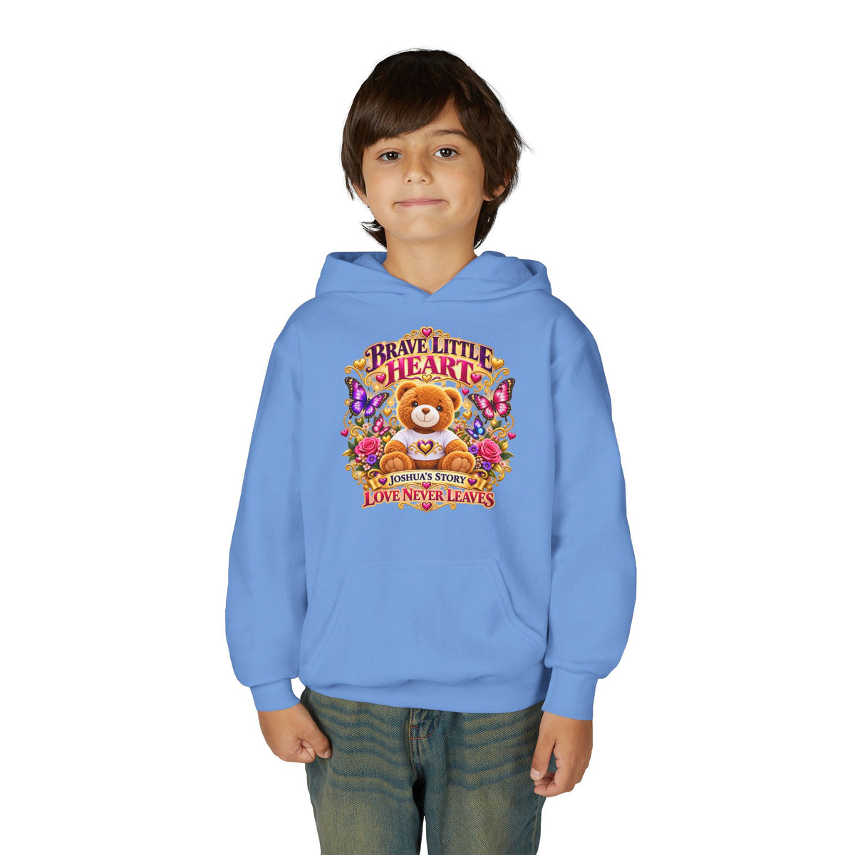 Brave Little Heart Youth Hoodie – Personalized Teddy Bear 'Love Never Leaves' Kids Sweatshirt