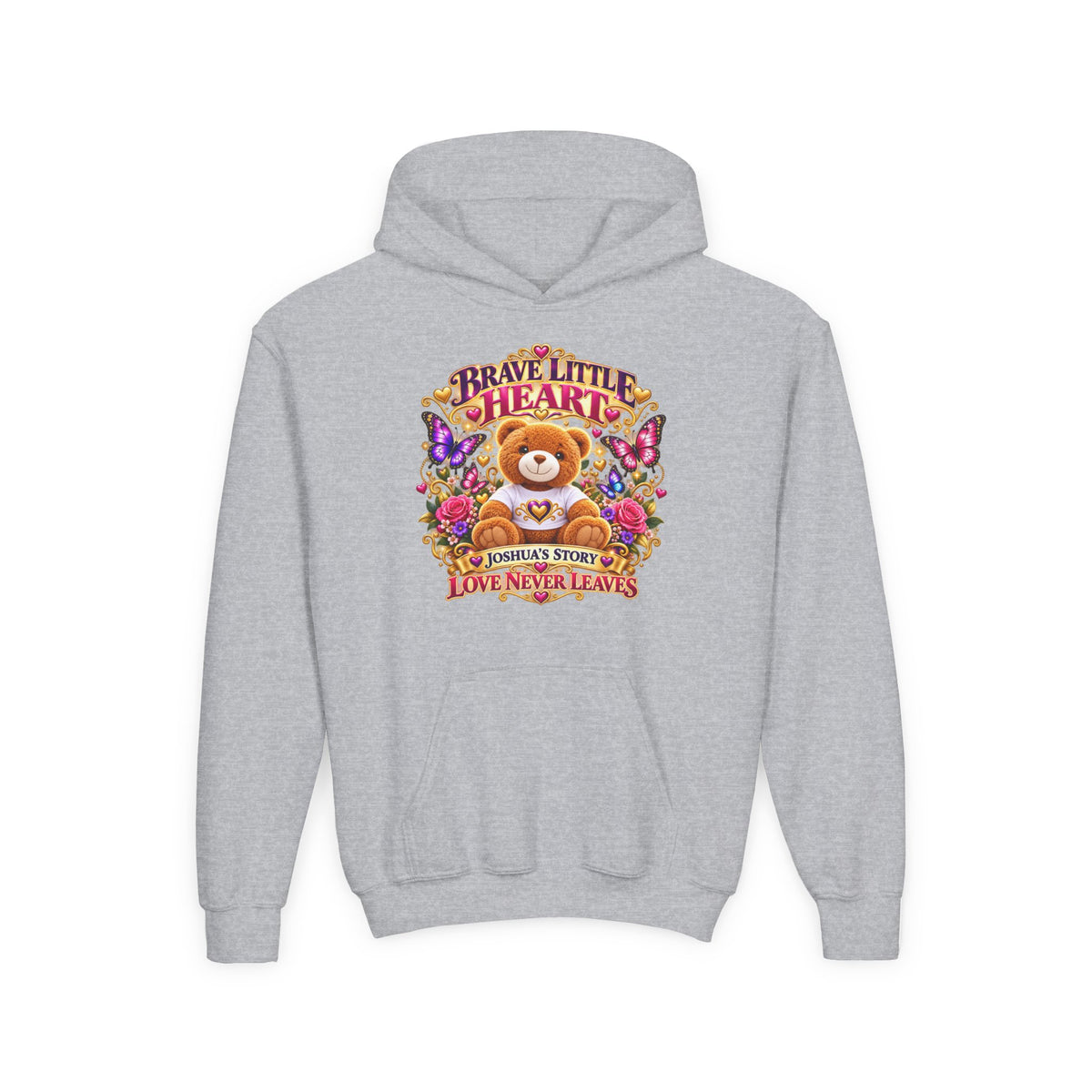 Brave Little Heart Youth Hoodie – Personalized Teddy Bear 'Love Never Leaves' Kids Sweatshirt