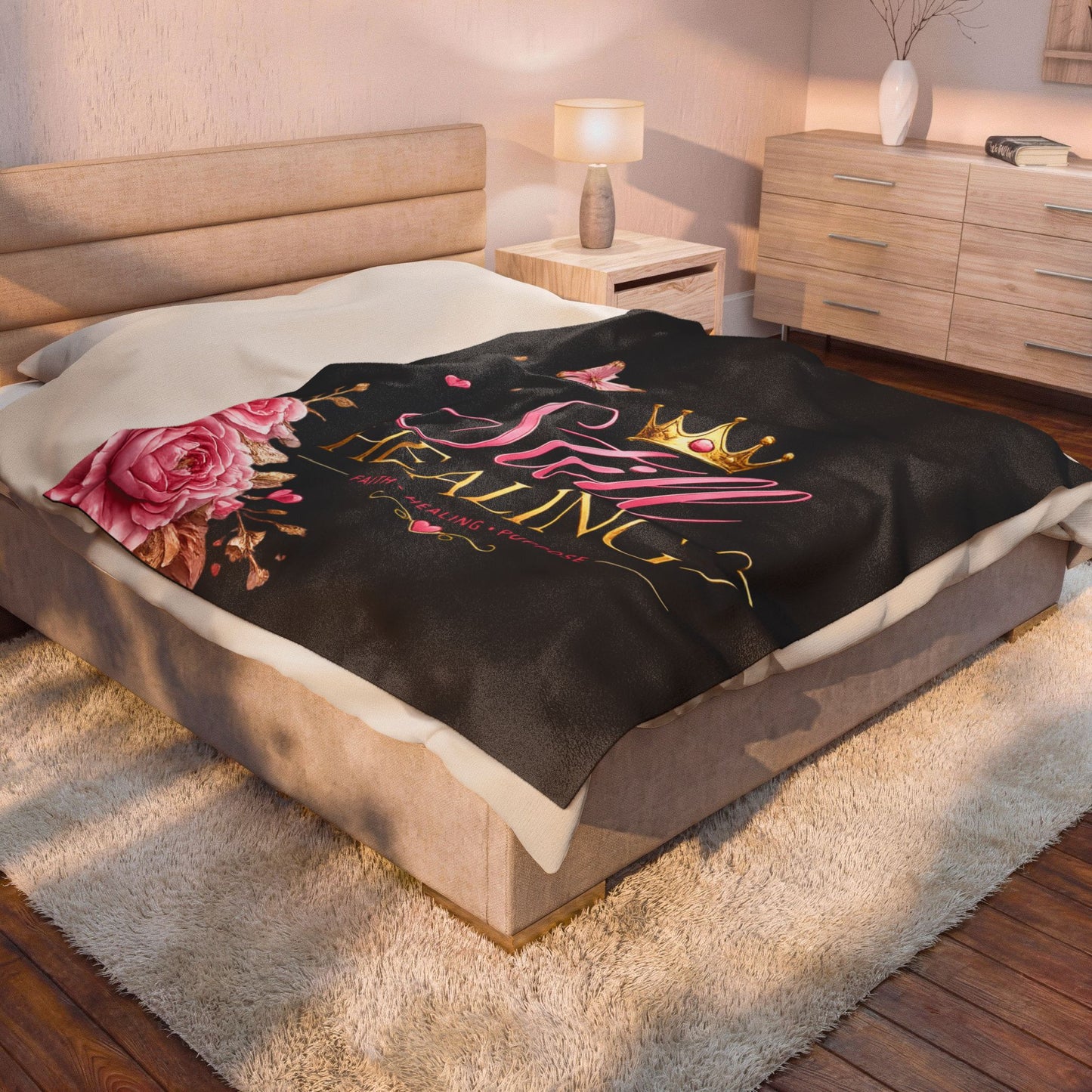 Still Healing Plush Blanket — Inspirational Faith Healing Throw with Crown & Roses