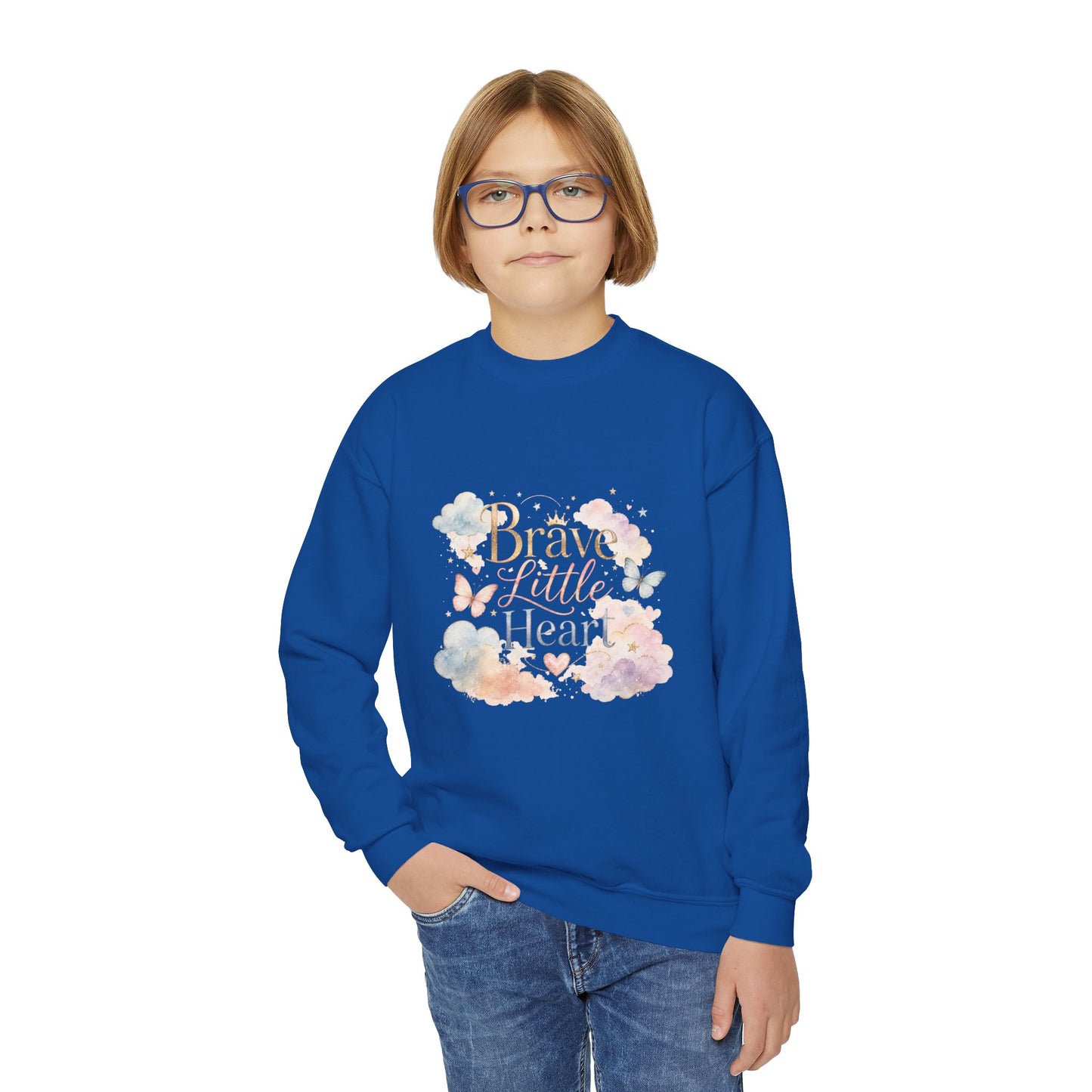 Youth Sweatshirt — "Brave Little Heart" Watercolor Butterfly Crewneck