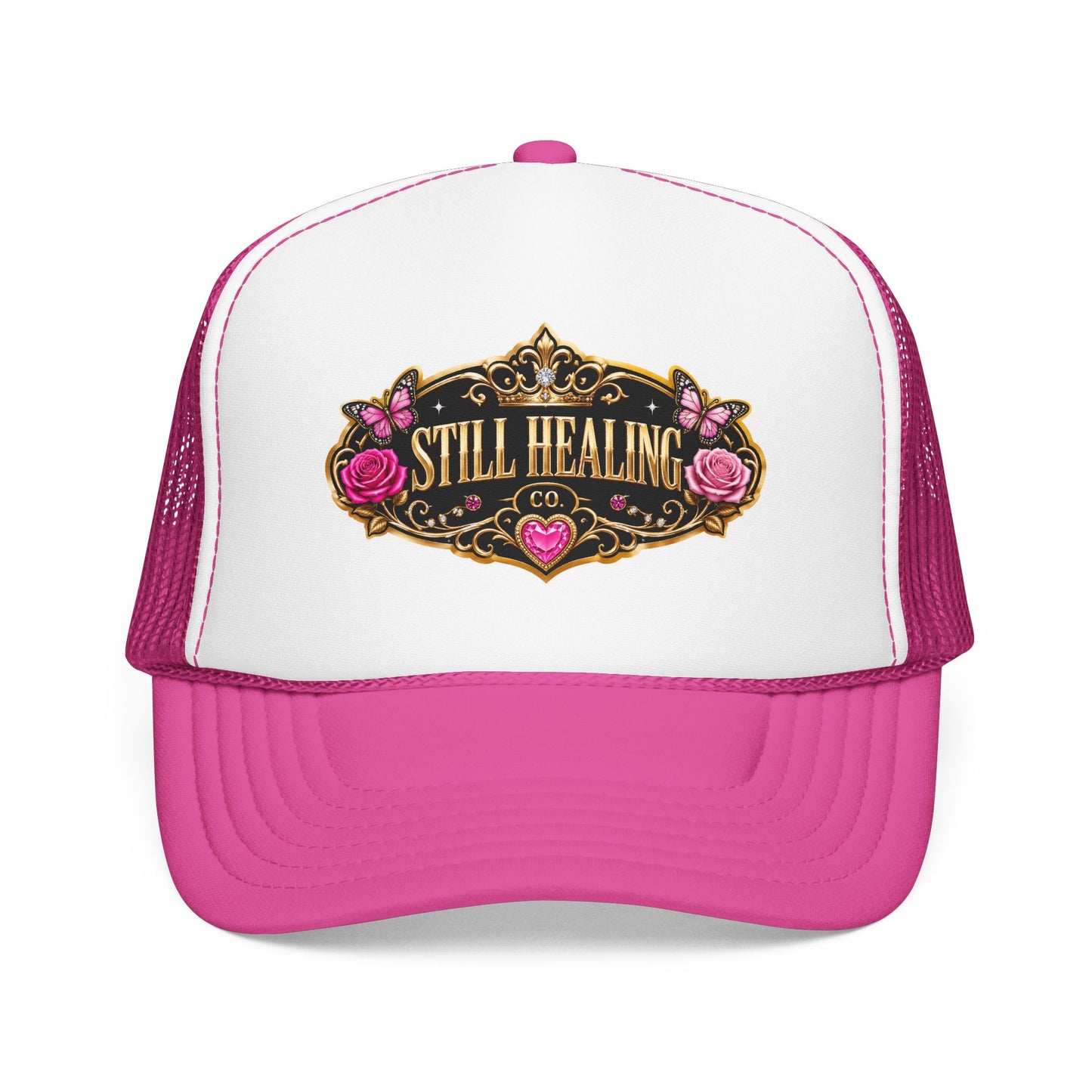Still Healing Trucker Hat — Floral Vintage Patch Foam Cap