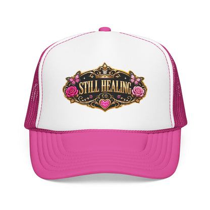 Still Healing Trucker Hat — Floral Vintage Patch Foam Cap