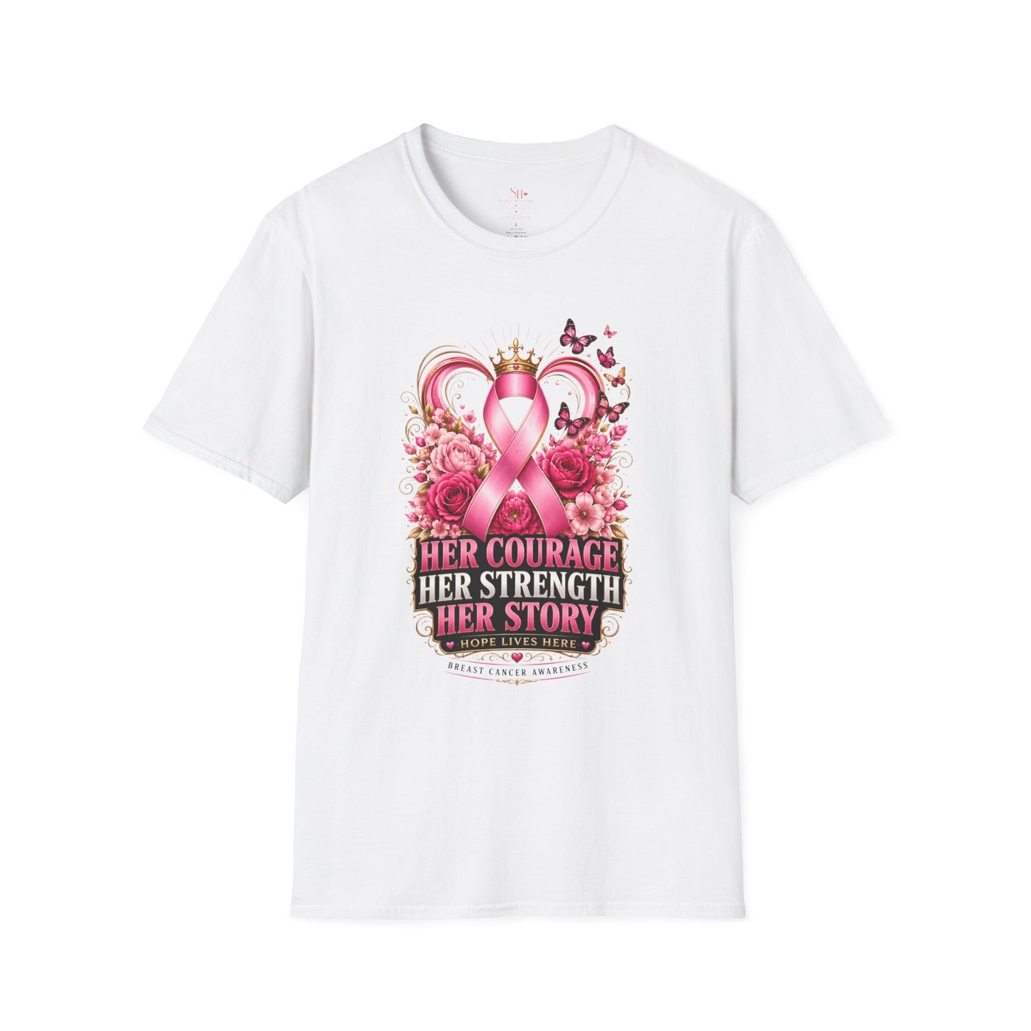 Breast Cancer Awareness T-Shirt — Her Courage Her Strength Her Story Pink Ribbon Design