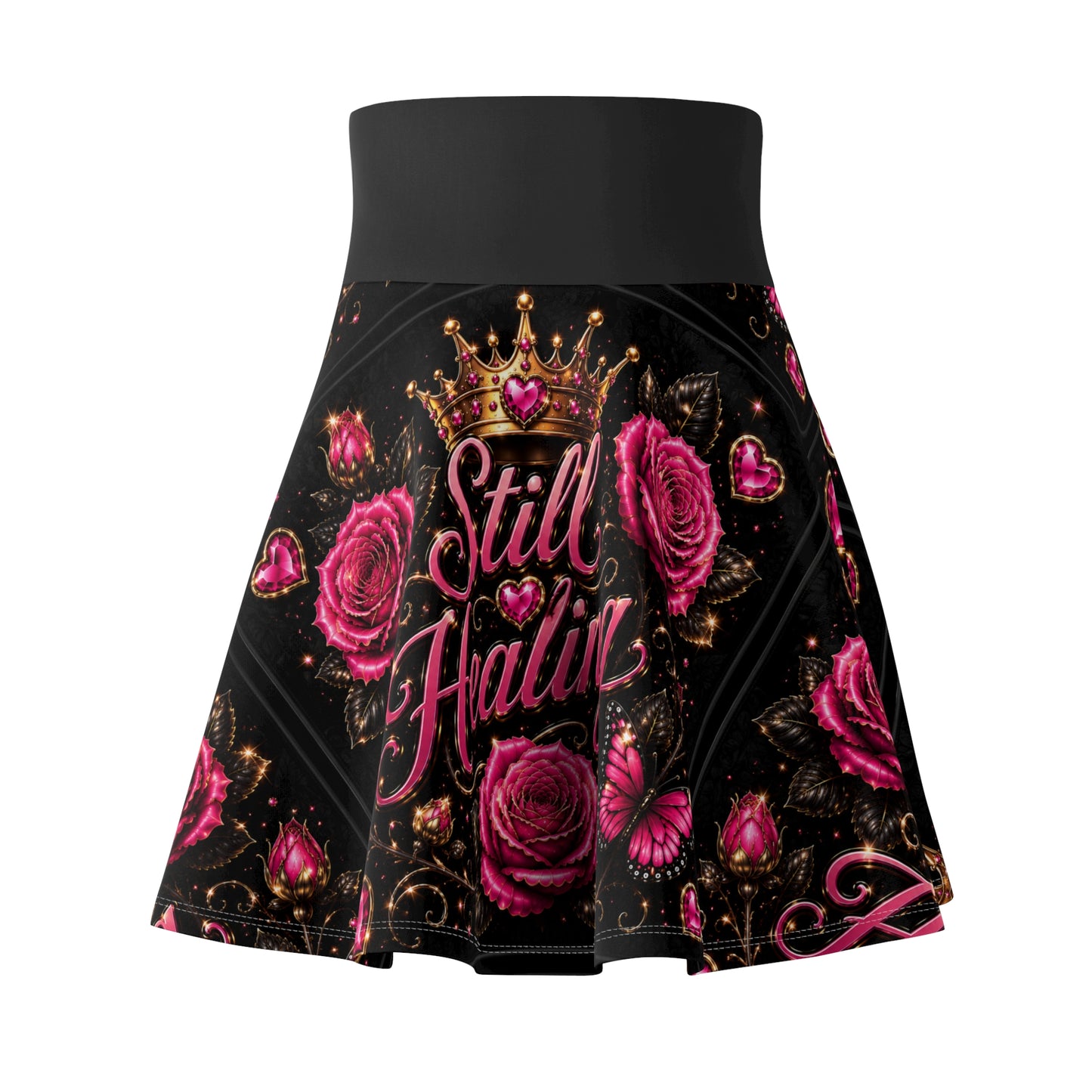 Still Healing Skater Skirt — Pink Roses, Crown & Butterfly Floral AOP
