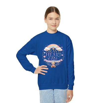 Brave Heart Club Youth Crewneck Sweatshirt — Rainbow Teddy Cancer Awareness