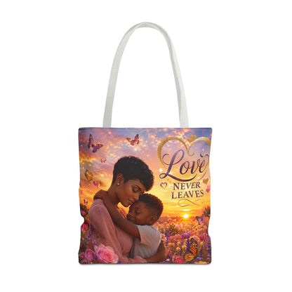 Love Never Leaves Tote Bag — Mother & Child Floral Sunset AOP Tote