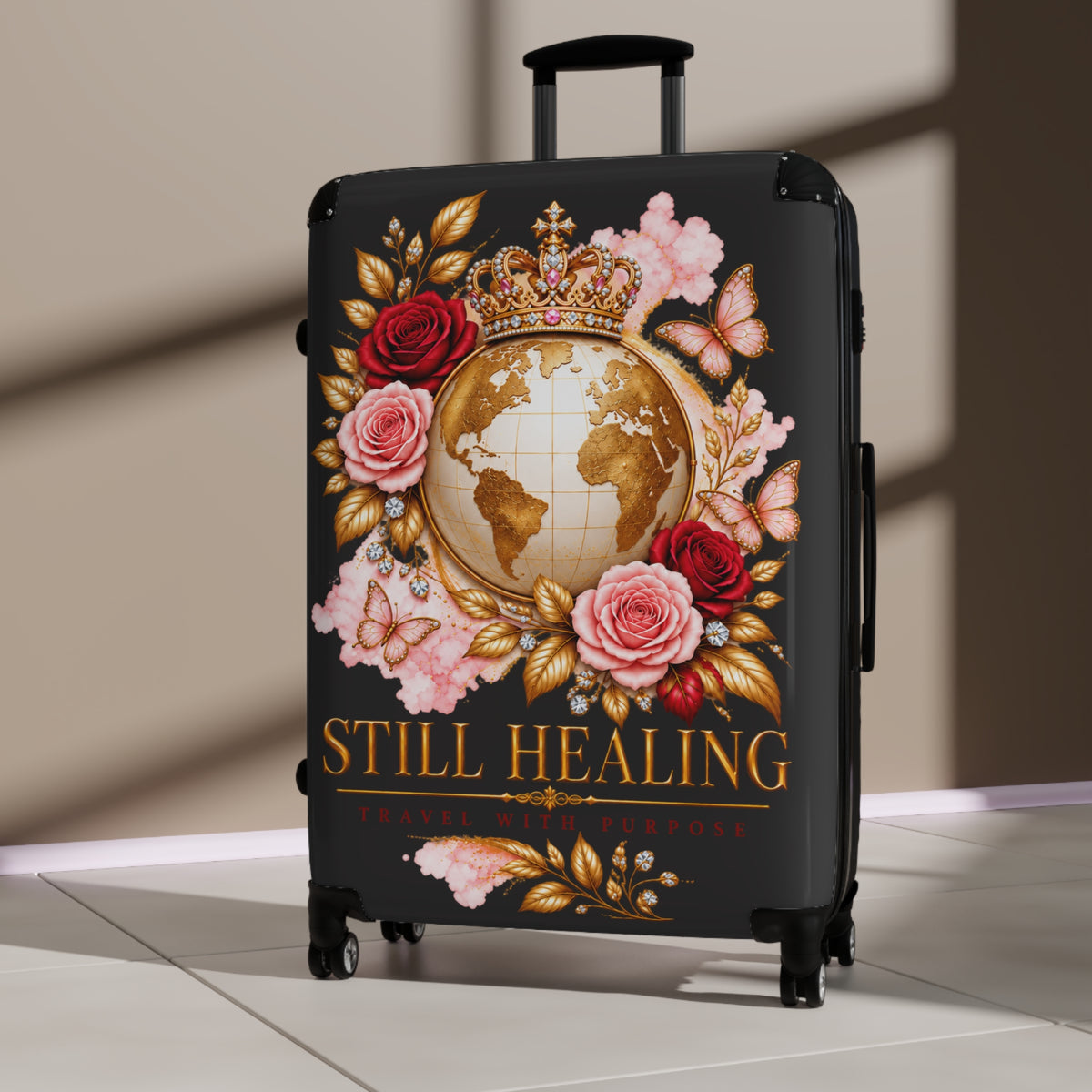Still Healing Floral Globe Suitcase — Decorative Travel Luggage