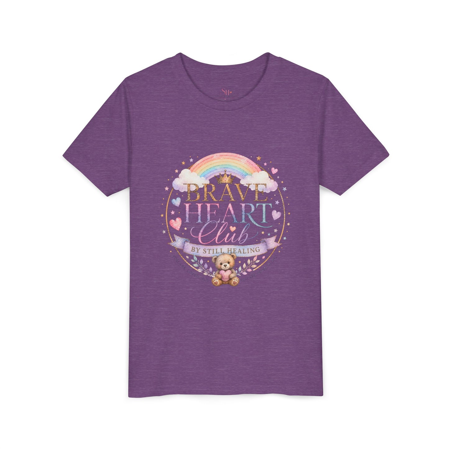 Brave Heart Club Youth Tee — Pastel Rainbow & Teddy Kids Shirt (“Brave Heart Club” Design)