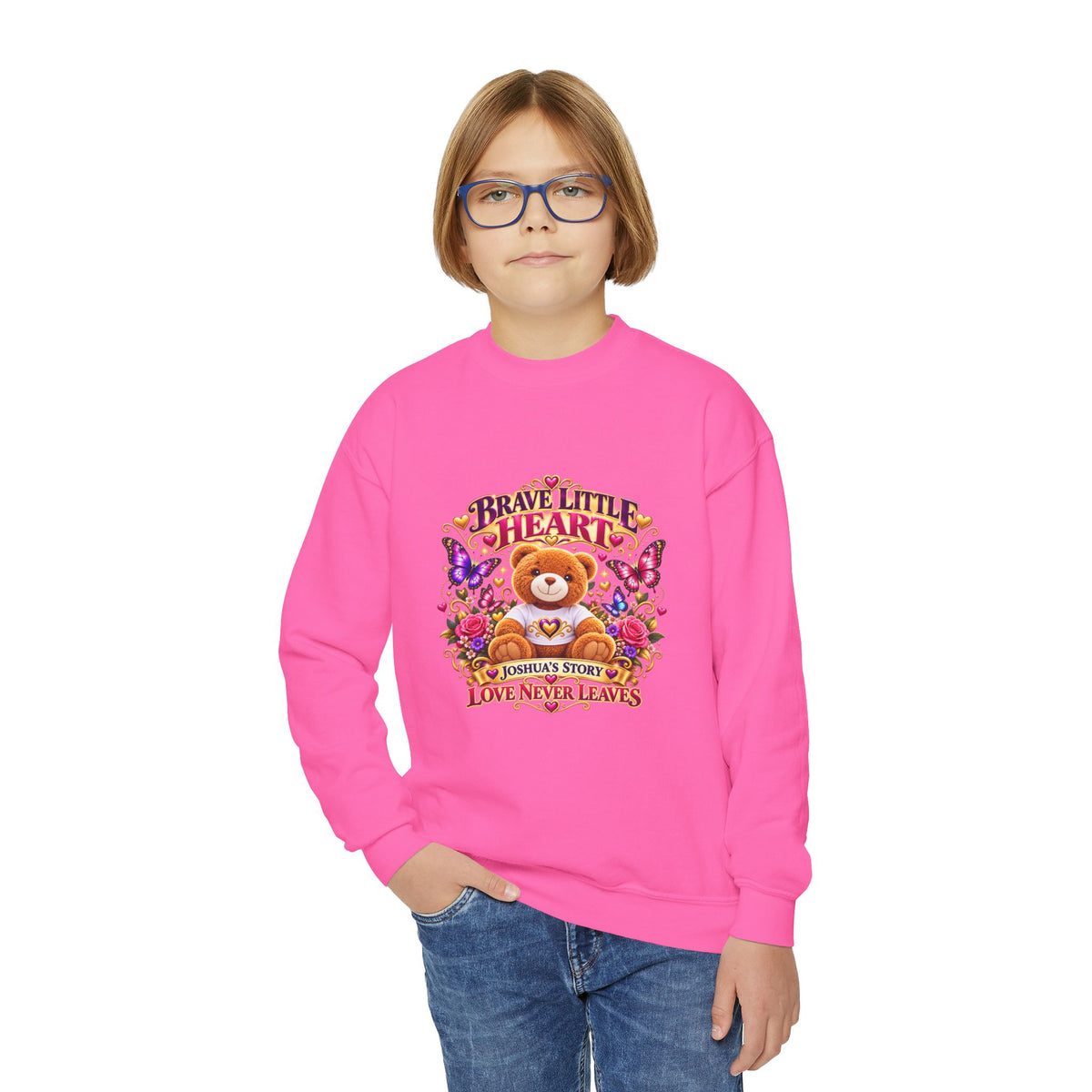 Brave Little Heart Youth Crewneck Sweatshirt — Cute Teddy Bear Floral Kids Pullover