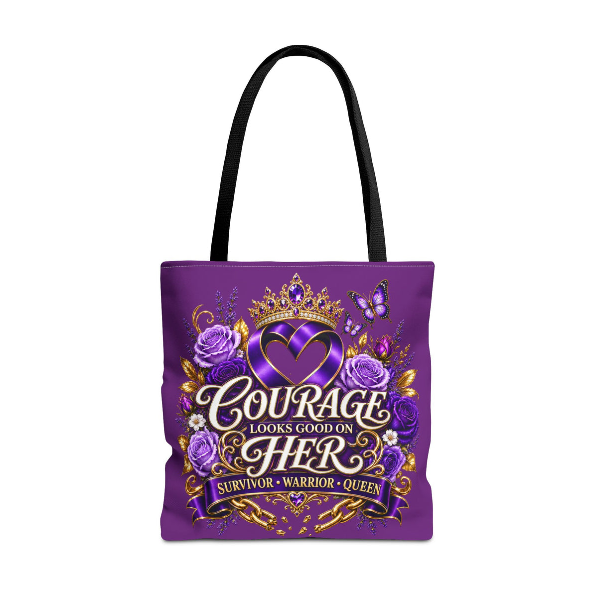Purple "Courage Looks Good on Her" Survivor Tote Bag — Breast Cancer Awareness, Warrior Queen Gift