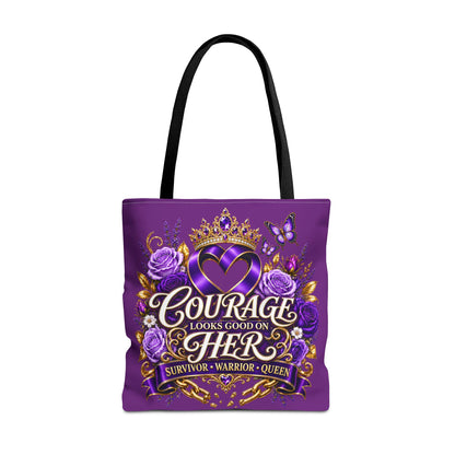 Purple "Courage Looks Good on Her" Survivor Tote Bag — Breast Cancer Awareness, Warrior Queen Gift