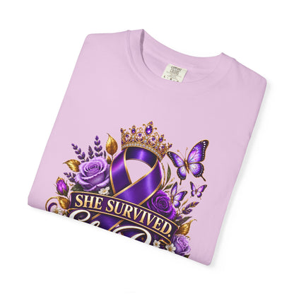 Survivor Awareness T-Shirt — "She Survived, She Rose" & "Love Should Never Hurt" Purple Ribbon Design