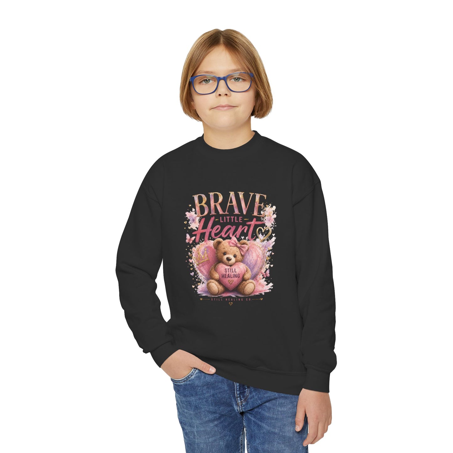 Youth Crewneck Sweatshirt — "Brave Little Heart" Teddy Bear Graphic