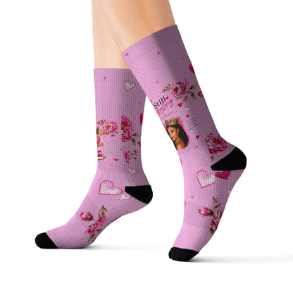 Pink Floral Heart Sublimation Socks — Romantic Valentine's Day Crew Socks